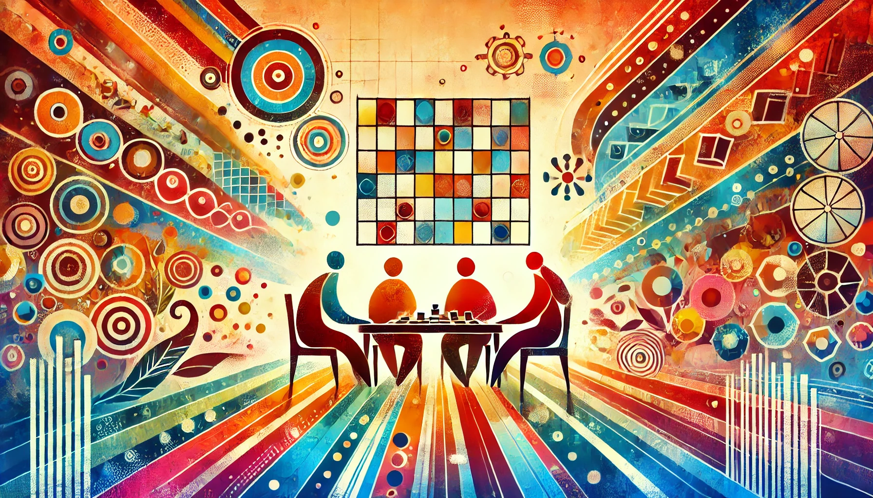 Abstrakte, farbstarke Illustration einer gemeinsamen Brettspielrunde.