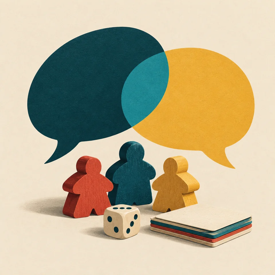 Game pieces in front of two speech bubbles